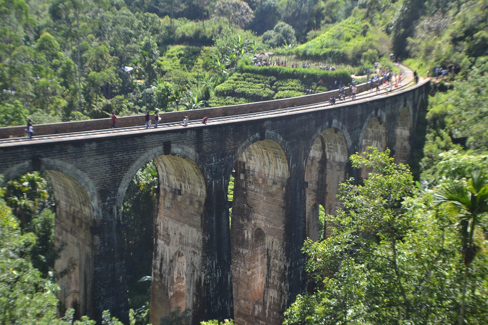 Walkers crossing the stone arches of the Nine Arch Bridge above the jungle at Ella