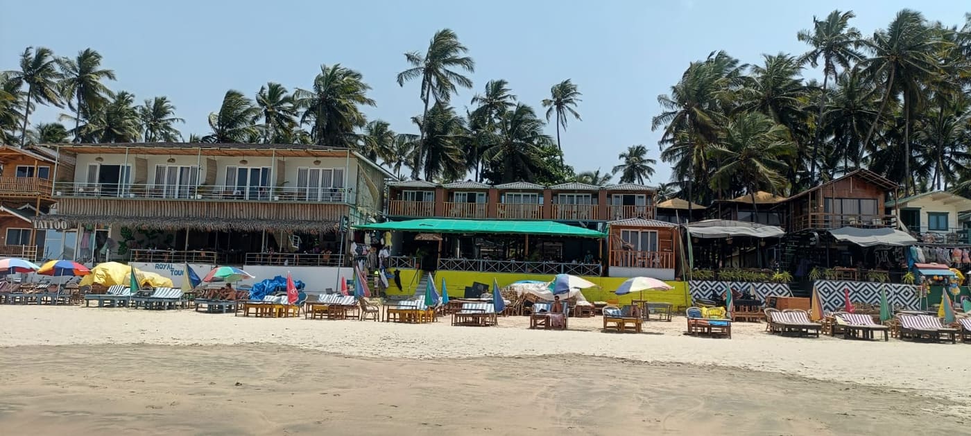 Beach huts, sun-loungers and coconut palms along the sand at Palolem beach
